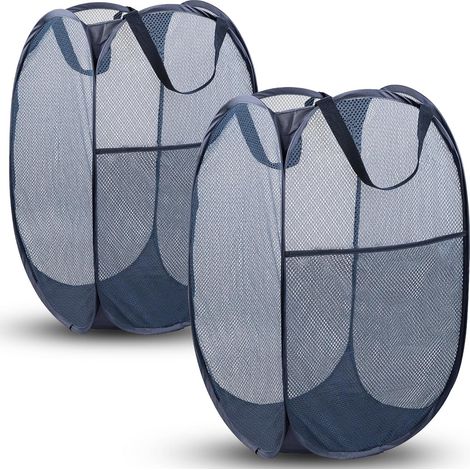Panier à linge pliable en filet pratique avec poches latérales - respirant, pliable et peu encombrant (bleu  lot de 2)