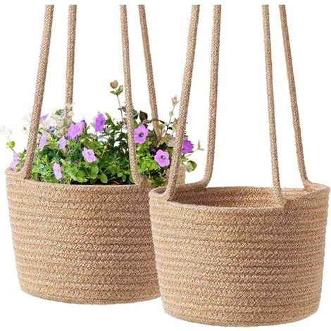 Panier suspendu en macramé 2pcs – Corde de coton naturel – 20x20x15cm – Décoration intérieure et extérieure – Solution pour plantes en pot (1/5)