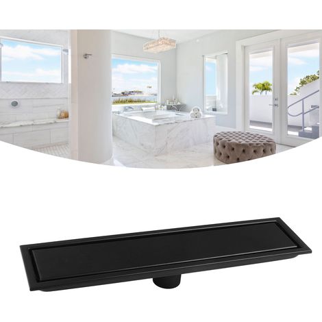 [Desagüe de baño] Desagüe rectangular de 40 cm, antirretorno, de liberación rápida, fabricado en acero inoxidable, color negro. (1/5)