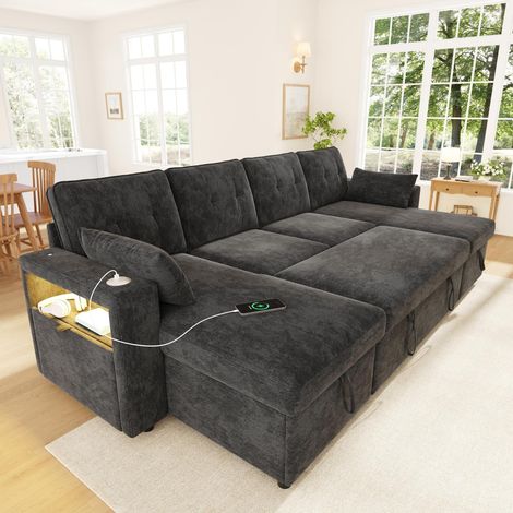 Sofá cama rinconera en u 273 x 131 x 83 cm - 4 plazas extraíble con arcón de almacenamiento, puertos usb, led - estilo moderno - tejido de chenilla - gris (1/5)