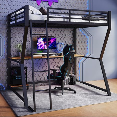 MEUBLIV Lit mezzanine 140x200 cm noir – avec bureau, LED et USB, sans matelas (1/5)
