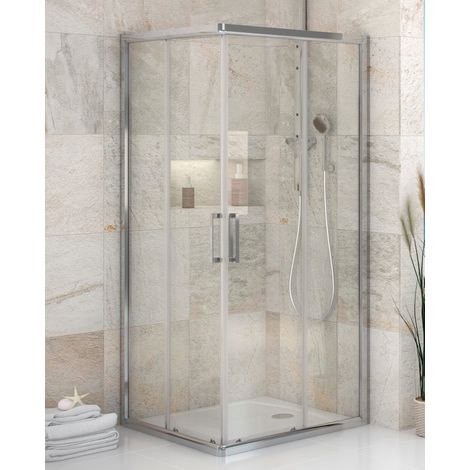 Mampara de ducha angular de 2 hojas fijas y 2 puertas correderas- Cristal de seguridad 6 mm - Modelo FRESH Q de 70 x 120 cm - TRANSPARENTE (1/2)