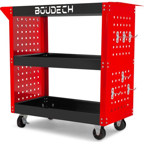 Troller - Carrello da officina a 3 ripiani, pannelli forati laterali e 12 ganci, ruote autobloccanti, superfice di lavoro con tappetino antiscivolo (1/5)