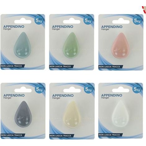 TRADE SHOP - Gancio Appendino Adesivo Appendiabiti Parete Casa Cucina Bagno Forma Goccia Colorata 10809 - (1/2)