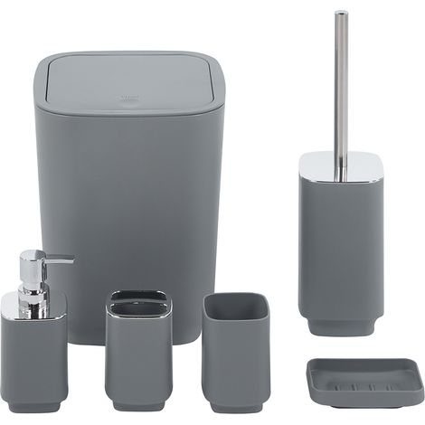 Set Completo Accessori Bagno 6 Pezzi Design Moderno In Plastica Resistente Con Finiture Lucide Incluso Cestino Pattumiera,Dispenser Sapone, PortaSaponetta, Porta Spazzolini, Portascopino Bicchiere Con