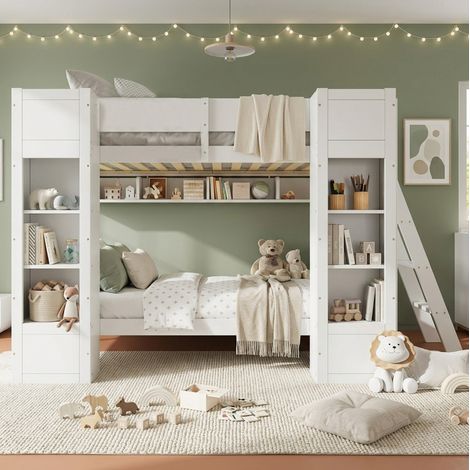 Lit superposé 90x200 cm avec rangements et échelle réversible, en bois, blanc, sans matelas (1/5)