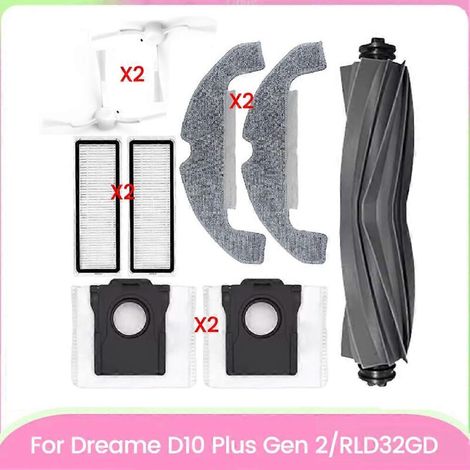 Accessoires pour aspirateur Dreame D10 Plus Gen 2/RLD32GD : brosse principale, brosse latérale, filtre, sac à poussière et chiffon de nettoyage (qualité). (1/5)