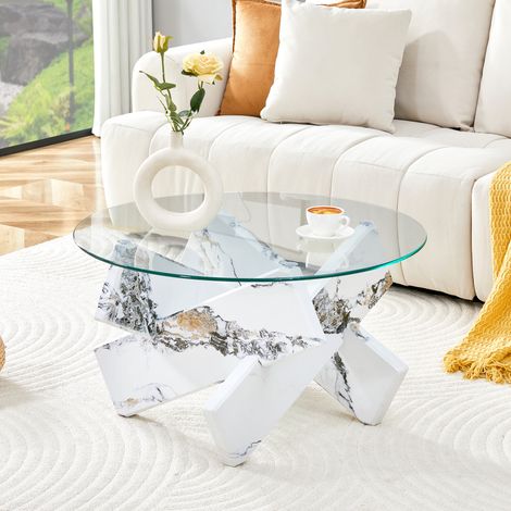 Tavolino da caffè rotondo 79x79x45 cm trasparente e bianco in MDF e vetro con base a croce (1/5)