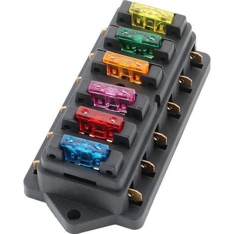 Porte-fusible standard 6 voies de qualité supérieure, boîte à fusibles à lames universelle avec 10 fusibles à lames standard offerts, pour voiture, bateau, trike marin – 12 V/24 V
