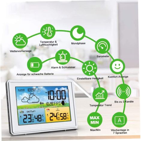 Thermo-hygromètre, station météo radio écran sans fil grand écran couleur thermomètre avec capteur intérieur extérieur, blanc deux pièces (1/4)