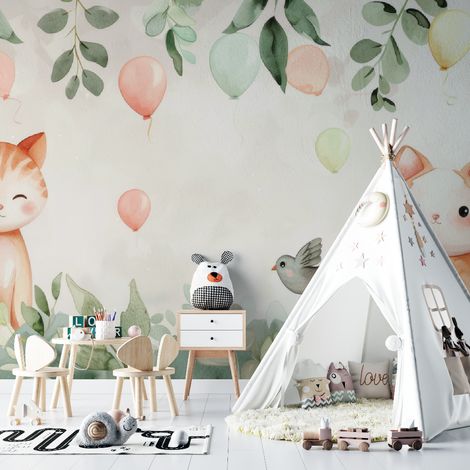 Papier peint enfant chatons curieux et ballons pastels 1 - 150 x 250 cm (1/2)