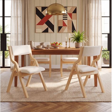 Sillas de comedor plegables de madera, lote de 4, tela de lino beige OKMYHOME (1/5)