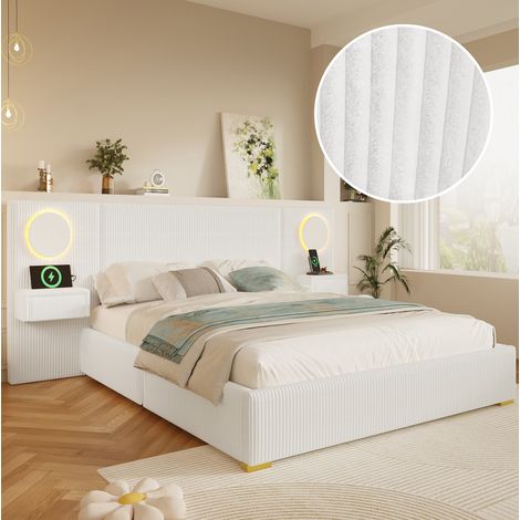 Lit rembourré 180x200 cm beige en velours avec tête de lit LED, ports USB et chevets latéraux à tiroirs (1/5)