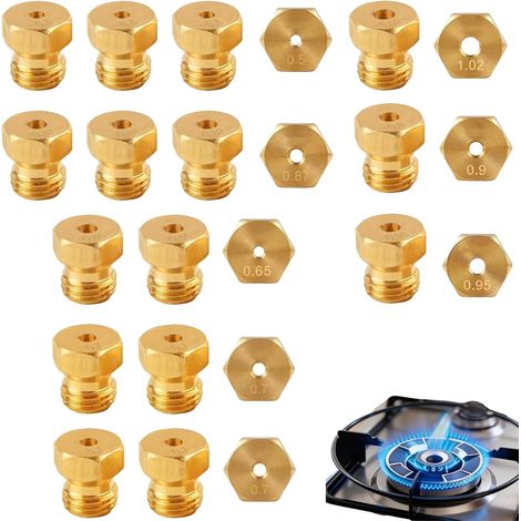 15 Pièces Gicleur Gaz Butane Universel, Kit d’Injecteurs pour Conversion GPL Propane, Compatible avec Cuisinière, Plaque de Cuisson et Bouteille de Gaz Brûleur, Diamètres : 0.5-0.65-0.7-0.80-0 (1/5)