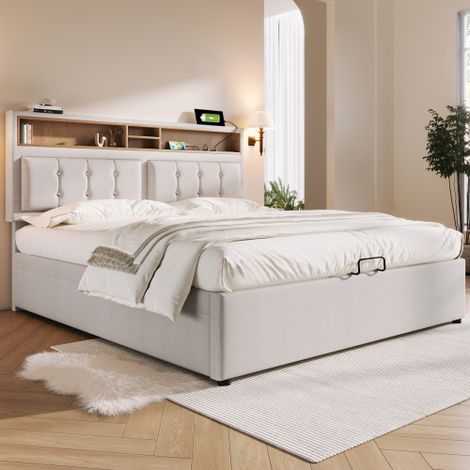 Polsterbett Doppelbett mit USB C Steckdose Ladefunktion Kopfteil,Stauraumbetten Bettgestell aus Leinenmaterial Jugendbett  mit lattenrost(Mit Matratze)