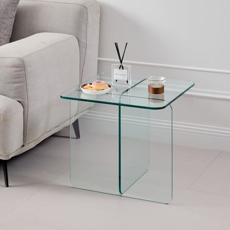 Bout de canapé courbé en verre trempé transparent, table d'appoint multifonction table basse table de chevet 45x45x51cm pour salon chambre maison (1/5)