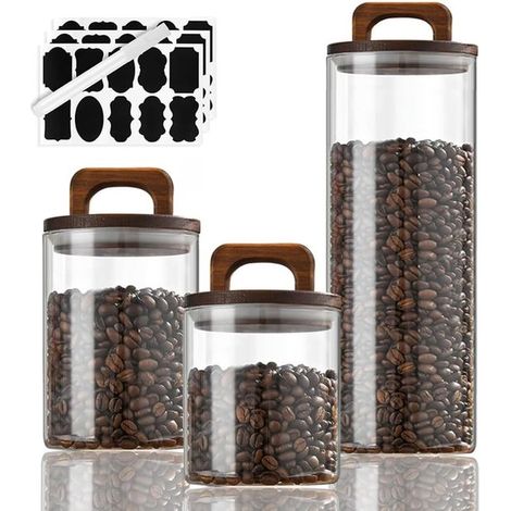 Juego de 3 tarros de almacenamiento con tapa,700/800/1800 ml,recipientes de vidrio con tapas de madera,tarros para guardar cereales
