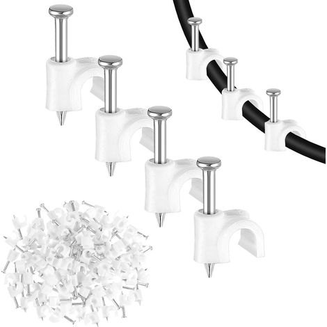 Lot de 100 Fixations de Câble Électrique avec Clous en Acier, Serre-Câbles Ronds pour Fixation Murale, Support de Câble Blanc (4 mm) (1/5)