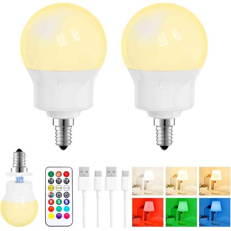 Ampoule LED Rechargeable avec Télécommande, Ampoule Sans Fil Magnétique E14 Dimmable 480LM, 3 Températures de Couleur + 9 Couleurs RGB, 3 Timer, pour Lampes Murales, Camping & Urgence, Lot de 2 (1/5)