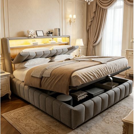 Cama tapizada 214.5x181x107.5 cm con almacenamiento hidráulico, LED, USB y USB-C, lino gris (1/5)
