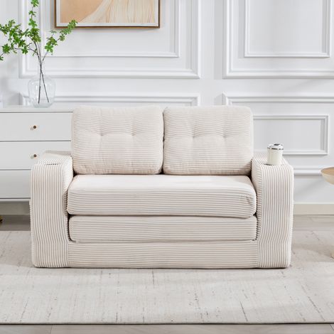 Canapé pouf 2 places beige en velours côtelé sans cadre avec porte gobelets poches latérales coussins matelassés sans montage studio (1/5)