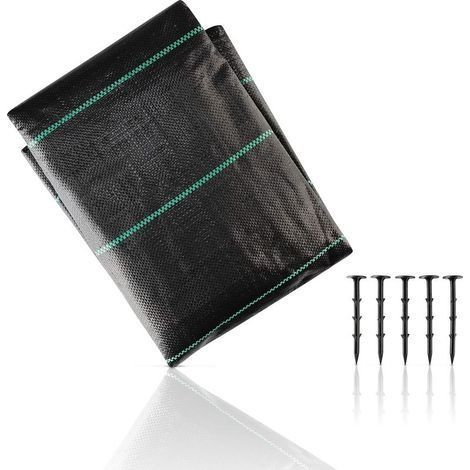 Toile de Paillage avec 10pcs Piquets Contre Les Mauvais Herbes 5Mx2M en Fibres de Polypropylène Tissées Anti-UV Résistant Aux Déchirures Piquets de Fixation Fournis (1/5)