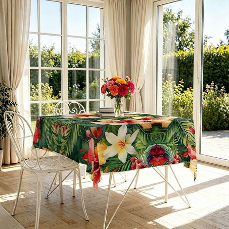 Nappe rectangulaire à motif hibiscus tropical (1 pièce), nappe de table à thème estival, résistante et idéale pour la décoration intérieure et extérieure. (1/4)
