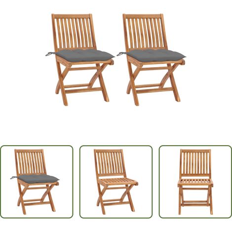 Teakholz - Gartenstühle 2 Stk. mit Grauen Kissen Massivholz Teak (1/5)