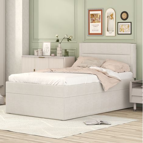 CHICFURN Lit plateforme en tissu beige 160 x 200 style moderne (1/5)