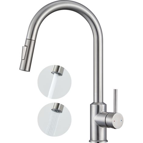 Anycee Max Grifo de cocina extraíble en forma de U de acero inoxidable con rociador extraíble, mezclador para fregadero, 2 modos de salida de agua - Cepillado (1/5)