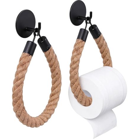 Support Papier WC, Porte-Papier Toilette en Fibre Naturelle Non Teinte, Porte-Serviettes, sans Perçage, Fixation avec Corde de Chanvre, Décoration Murale pour Salle de Bain (2 pcs) (1/5)