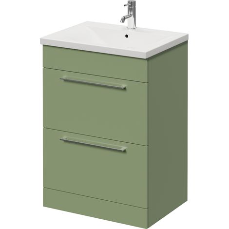 Napoli 460 Olive Green 600mm 2 Drawer Vanity Unit with Glide Basin - 600mm - Chrome 320mm Handle