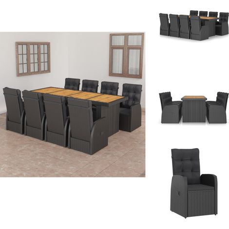 Ensemble à manger d'extérieur 9pcs coussins résine tressée noir - Salon De Jardin - Mobilier De Jardin - Set De Salon De Jardin - Table Et Chaises De Jardin - Résine Tressée