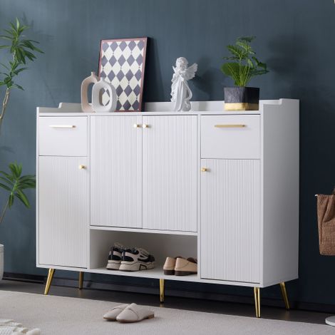 Zapatero blanco con 2 cajones, 4 puertas y patas de metal, 130x37x100 cm (1/5)