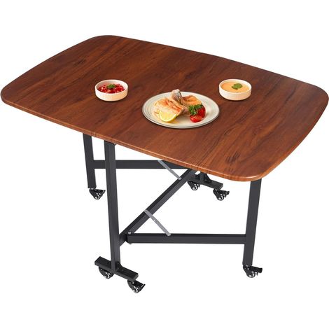 Dreifach klappbarer Tisch für den Heimgebrauch, kleiner Klapptisch mit Rollen, dreiteiliges Klapptisch- und Stuhlset für Homeoffice oder Schlafzimmer, Vintage-Massivholz, 6 Rollen