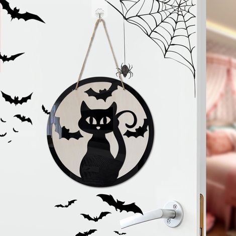 Lot Halloween Chat Magique Bois Panneau Miroir Décoratif Murale 30cm (1/4)