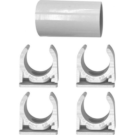 Kit 5 Accessori Per Tubo Rigido e Flessibile Da 20mm, 4 Clip Fissatubo A Scatto + 1 Giunto Raccordo Lineare, Colore Bianco IP40