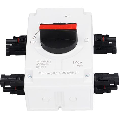 Interrupteur d'isolement CC 4 pôles 1200 V 32 A pour installation photovoltaïque (2 entrées, 2 sorties), étanche IP66, pour système de transfert de charge photovoltaïque. (1/5)
