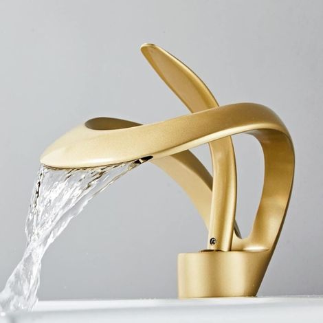 Robinet de salle de bain cascade pour lavabo de salle de bain, mitigeur de lavabo monotrou à poignée unique pour eau chaude et froide (1/4)