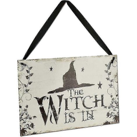 Décoration d'Halloween : Plaque murale en bois avec chapeau de sorcière, 26 x 18 cm, blanche, idéale pour porte, fenêtre ou jardin. (1/5)