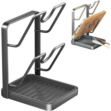 Soporte para tapas de ollas con reposacucharas para encimera de cocina, organizador 2 en 1 para tapas y utensilios, color gris. (1/5)