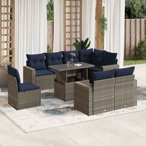 9-teiliges Gartensofa-Set mit Kissen, grau, Polyrattan (1/5)