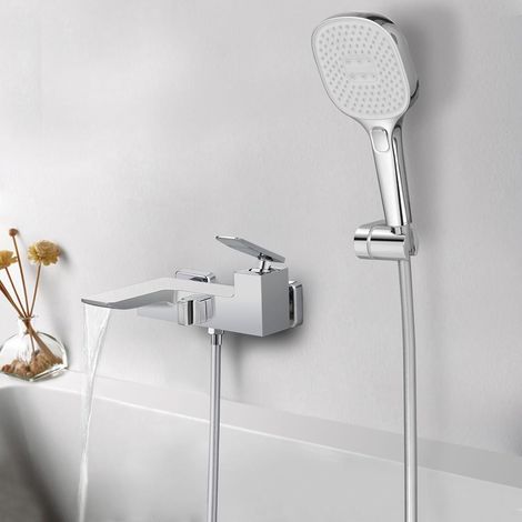Robinet de Baignoire Cascade Mural avec Douchette Laiton Mitigeur Baignoire (1/5)