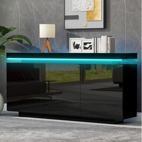 Buffet de salon 140x35x72,5 cm avec LED, 2 portes et 3 tiroirs, noir, pour hôtel et appartement (1/5)