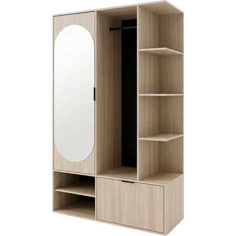 Vestiaire avec miroir et rangements - Naturel clair et noir - SAVARIO (1/3)