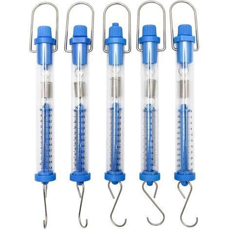 Cinq dynamomètres à ressort cylindriques transparents pour expériences de physique, 1N, 5N, 10N, 20N, 30N (1/5)