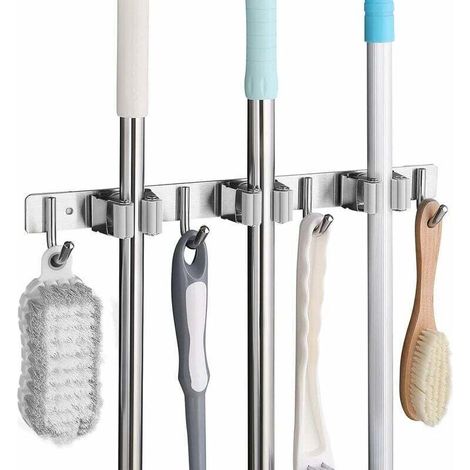 Stainless Steel Wall-Mounted Broom Holder. Wall-Mounted Broom Holder with 3 Slots and 4 Hooks for Kitchen, Bathroom, Garage and Garden - Grey (1/4)