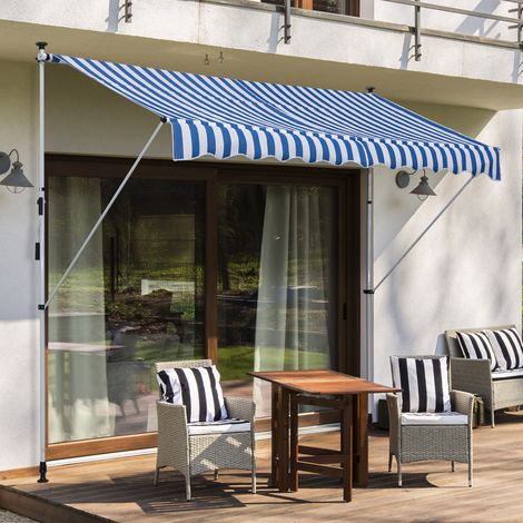 Store banne à fixation par pince avec manivelle, réglable en hauteur, à bras articulés, résistant aux salissures et aux intempéries, pour balcon, 150 cm de large, terrasse, balcon ou véranda, bleu et 