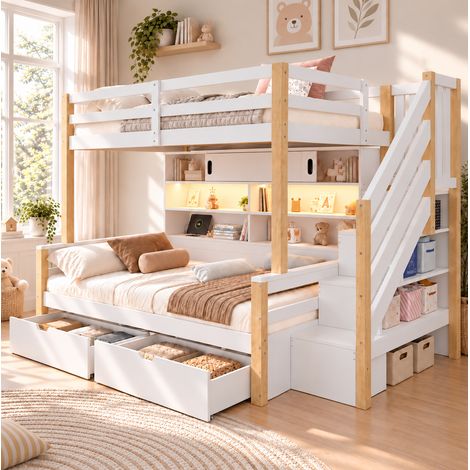 MODFU – Letto a castello 90x200 cm in pino/MDF con LED, USB-C, scala contenitore, ante scorrevoli e carico 120 kg – Bianco (1/5)