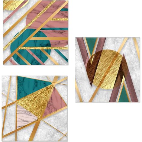 Lupia - Set 3 Quadri su Tela astratto verde, rosa e oro Canvas Day 38x38 cm GEOMETRIES 1, Stampa Vivida, Pronto da Appendere, Decorazione per Soggiorno, Capezzale Testiera Camera da Letto, Cucina, Uff (1/4)
